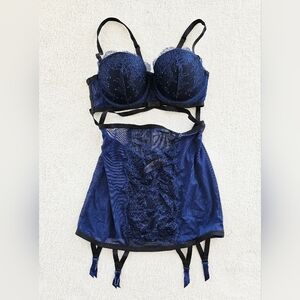 Victorias Secret Navy Blue Chantilly Lace And Mesh Lingerie